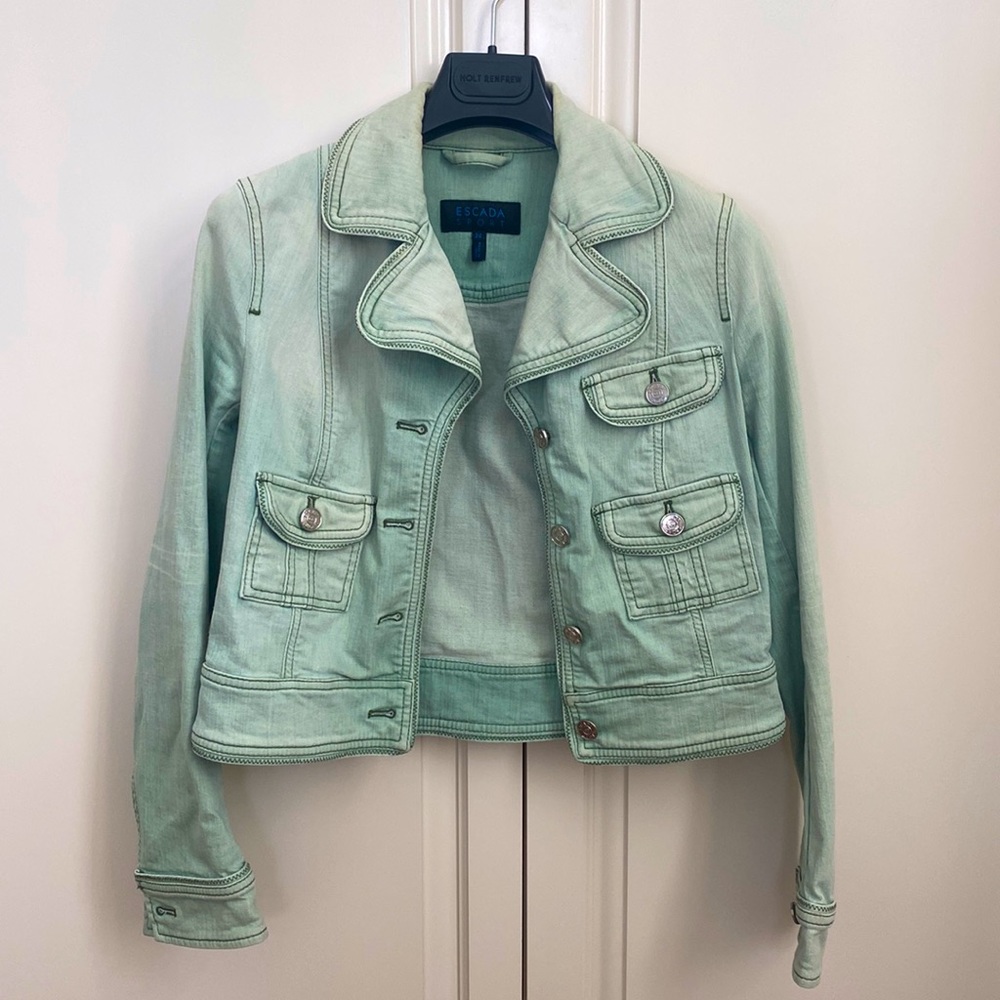 Escada Sport.  Sea foam green jean jacket.  Silver buttons.